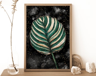 Calathea Orbifolia Print, Celestial Botanical Wall Art, Green witch decor