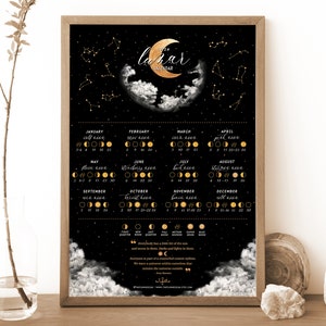 Calendario lunare 2025, Calendario lunare 2025, Stampa delle fasi lunari, Decorazioni in nero e oro, Poster celeste, Decorazioni stregonesche, Regalo spirituale