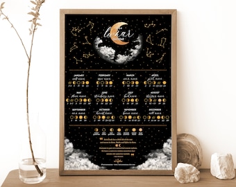 Lunar Calendar 2025, 2025 Moon Calendar, Moon Phases Print, Black and Gold Decor, Celestial Poster, Witchy Decor, Spiritual Gift