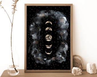 Moon Phases Print, Witchy decor, Celestial Wall Art, Celestial Watercolor, Spiritual Decor, Moon Poster, Whimsigoth Decor