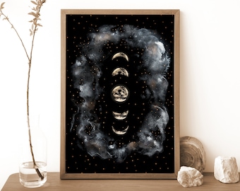 Affiche des Phases de la Lune, Art Mural Céleste, Illustration des Phases de Lune, Noir et Or, Déco Murale et Cadeau Witchy