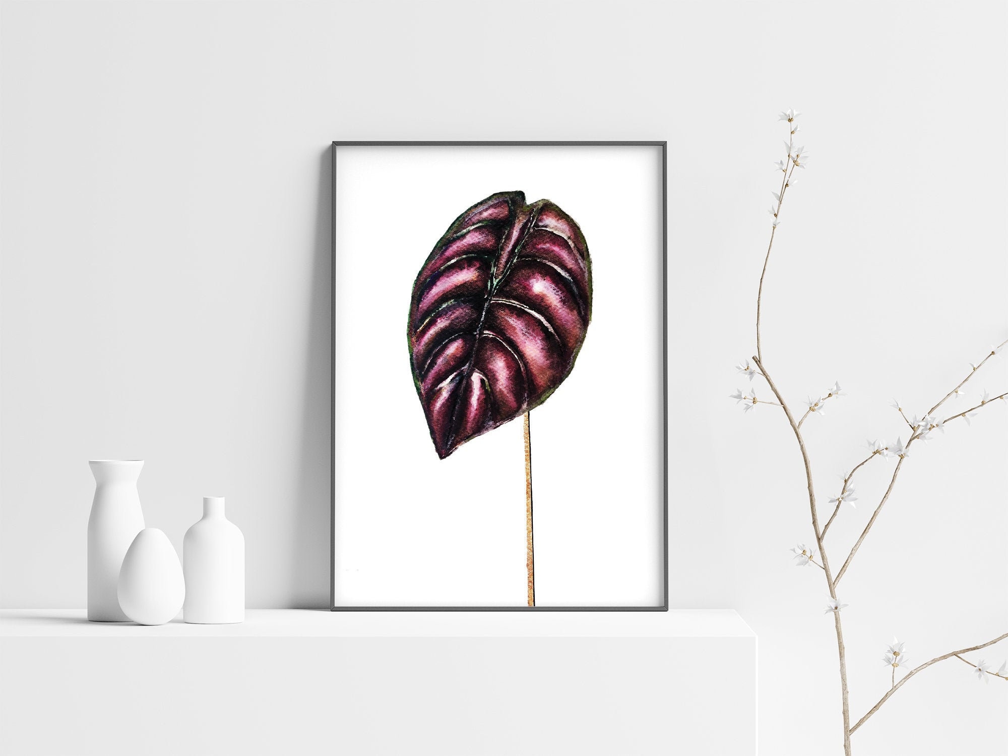 Affiche Botanique de Plante Alocasia Cuprea, Illustration Plante Rose Rouge et Doré, Cadeau Noël Pou