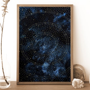 Acuarela celestial, impresión artística del cosmos, impresión espacial, póster del universo, azul y dorado, arte galáctico, decoración de brujas, regalo de arte espiritual