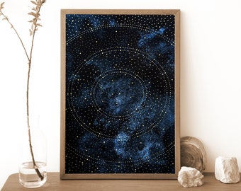 Aquarela celestial, impressão de arte cosmos, impressão espacial, pôster do universo, azul e dourado, arte da galáxia, decoração de bruxa, presente de arte espiritual