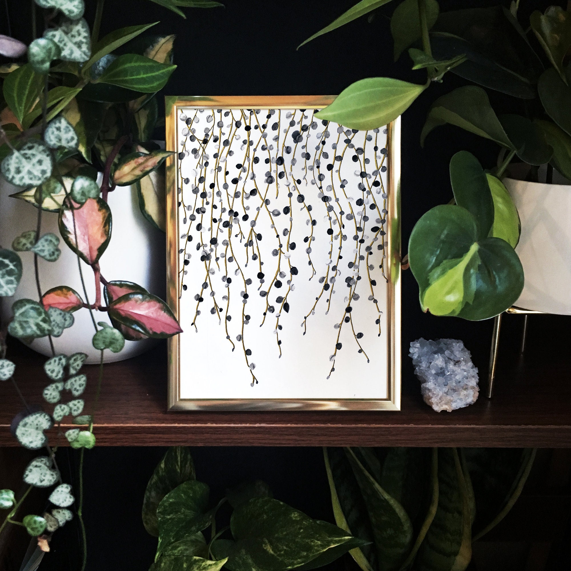 Peinture Originale Aquarelle et Encres, Peinture Botanique, Plante Chaîne de Perles, Made in France,