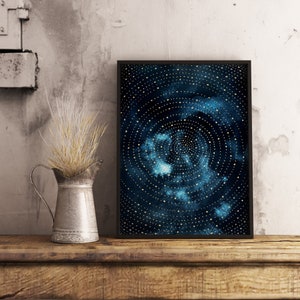 Impresión de acuarela celestial, arte mural espiritual del cosmos espacial, estrellas, decoración celestial, azul índigo y dorado, decoración de brujas whimsigoth, regalo de brujas