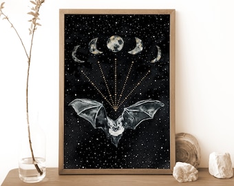 Bat and Moon Phases Print, Witchy Decor, Bat Wall Art, Bat Print, Bat Decor, Bat Art, Celestial Stars Moon Poster, Witchy Gift dark academia