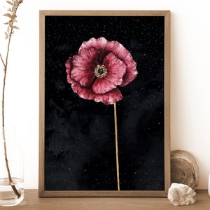 Stampa di fiori di papavero rosa celestiale, illustrazione botanica, decorazione murale floreale scura, arte murale celeste, acquerello floreale, regalo decorativo da strega