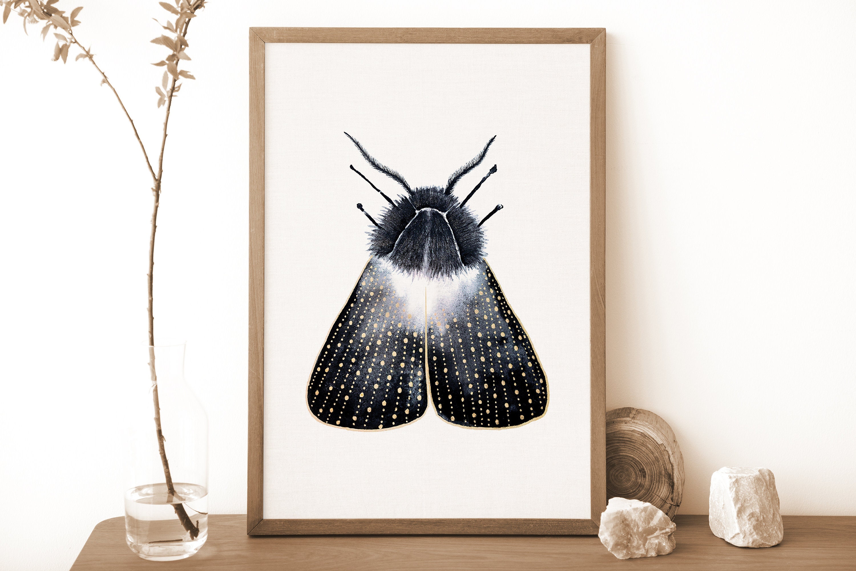 Witchy Moth Print, Moth Poster, Insect Wall Art Print, black and gold, Butterfly Print, Witchy Decor, Witchy Gift, dark academia