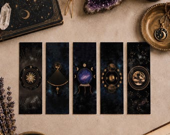 Witchy Bookmarks, Celestial Bookmarks Set, Moon bookmark, Sun Crystal Ball, Witchy Stationery, Book lovers gift Whimsigoth