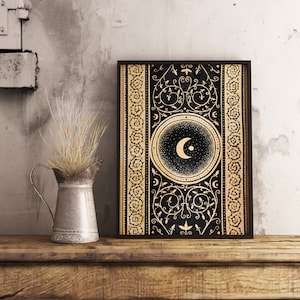 Impresión de luna, póster Art Nouveau, acuarela celestial, pintura de oro negro, póster de luna de Whimsigoth, decoración espiritual, regalo de bruja