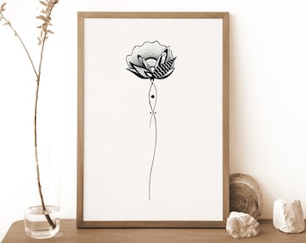 Affiche de fleur abstraite en noir et blanc, Harmonie, Illustration florale, Art Mural de fleurs, Déco Nature, Déco Boho minimaliste