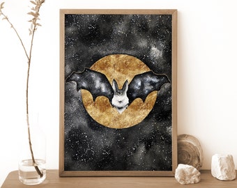 Bat Art Print, Bat and Full Moon Print, Celestial Watercolor, Black and Gold Painting, Bat Poster, Witchy Decor, Witchy Gift