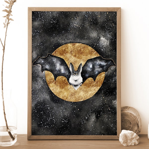Bat Art Print, Bat and Full Moon Print, Celestial Watercolor, Black and Gold Painting, Bat Poster, Witchy Decor, Witchy Gift