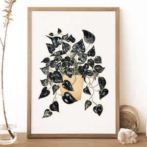 Botanical Plant Print of Pothos, Botanical Wall Art, Plant Illustration, black and gold wall art, Witchy Decor, Plant Lovers Christmas Gift
