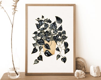 Botanical Plant Print of Pothos, Botanical Wall Art, Plant Illustration, black and gold wall art, Witchy Decor, Plant Lovers Gift