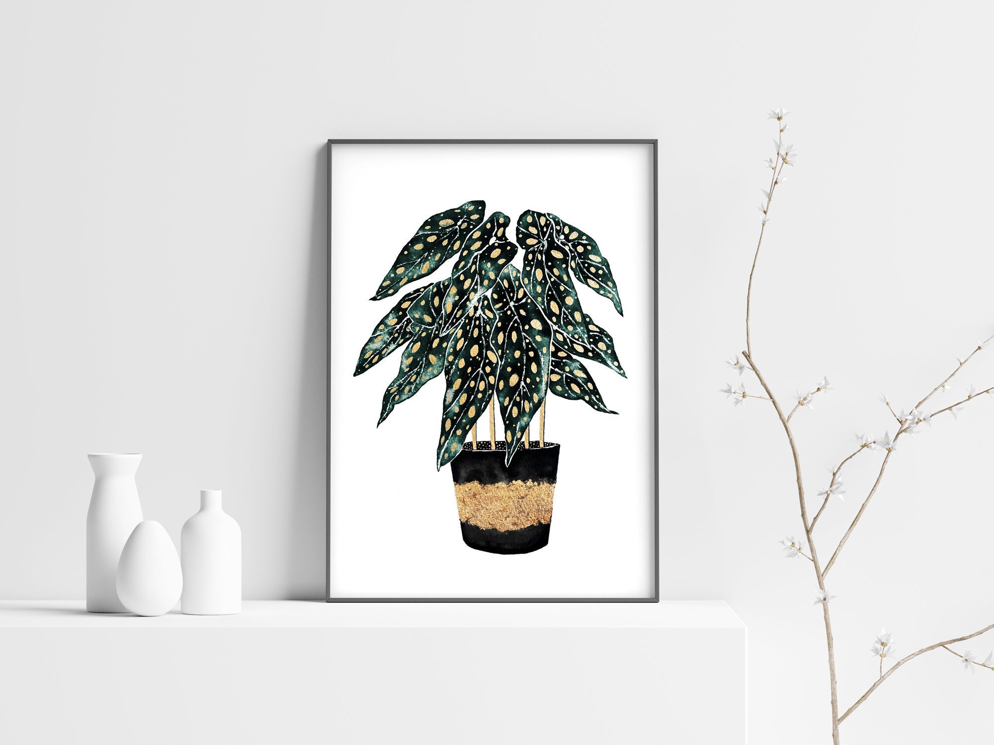 Affiche Botanique de Plante Bégonia, Illustration Plante, Déco Murale Vert Noir et Or, Affiche Plant