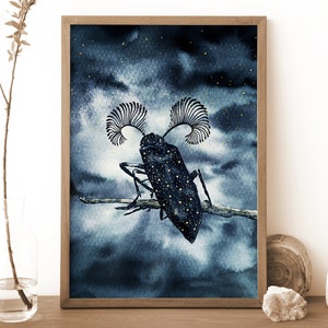 Dark Beetle Print, Witchy Wandbild, Kunst Tier, Indigo Blau Gold Malerei, Celestial Print, Käfer Poster, Witchy Decor, Witchy Geschenk
