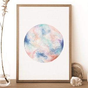Acuarela celestial, pintura lunar, arte de pared lunar, póster de galaxia con tonos aura, rosa y azul, decoración de brujas, espiritual, decoración bohemia caprichosa