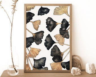 Botanical Print of Ginkgo Plant, Black and Gold Wall Art, Ginkgo Leaf Illustration, Plant Print Painting, Plant Lovers Christmas Gift Idea