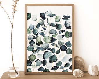 Eucalyptus Botanical Print, Green Gold Leaf Illustration, Boho Wall Art