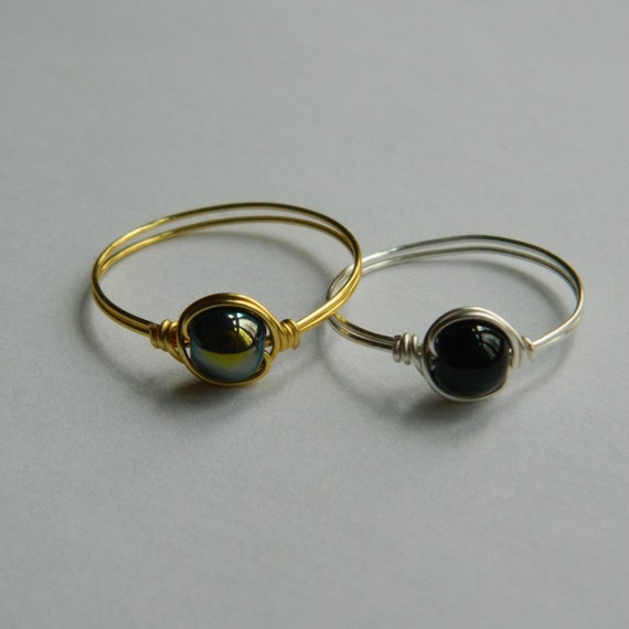 Dainty Wire Wrapped Matte Black Bead Ring with SilverGold Plated Wire