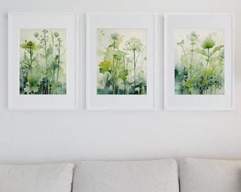Impresiones de arte de pared verde salvia / Conjunto abstracto ingenioso de 3 impresiones / Decoración de pared de sala de estar de dormitorio de acuarela / Greene botánico