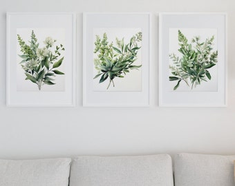Impresiones de arte de pared verde salvia, juego de 3 impresiones, pintura botánica, acuarela, decoración de pared de habitación terrosa, arte de pared digital de naturaleza minimalista
