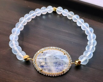 Rainbow Moonstone Bead Bracelet with Pendant