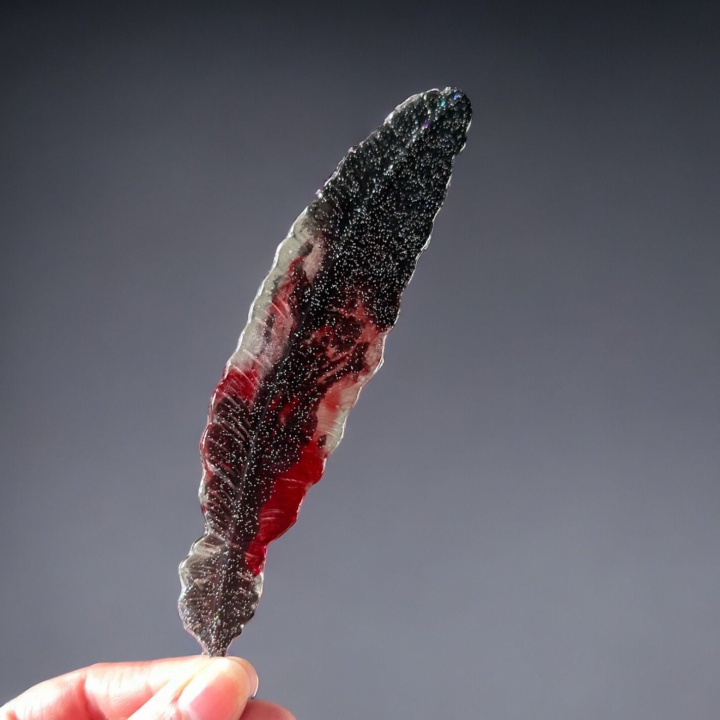 Handmade Feather Bookmark, Epoxy Resin, Red, Black, White, Galaxy Inspired, Gift for Book Lovers