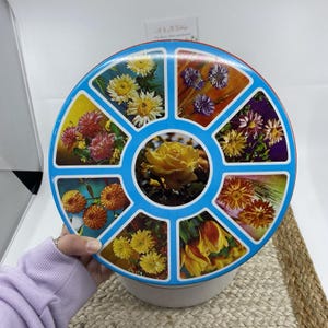 Floral Flower Movie Reel Shaped Tin Vintage Tin Valley Brook Farms Garden 70s