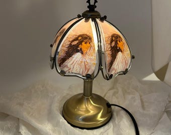 Lámpara táctil vintage con figura de niña nativa americana y paneles de vidrio, lámpara de escritorio pequeña, iluminación Ok