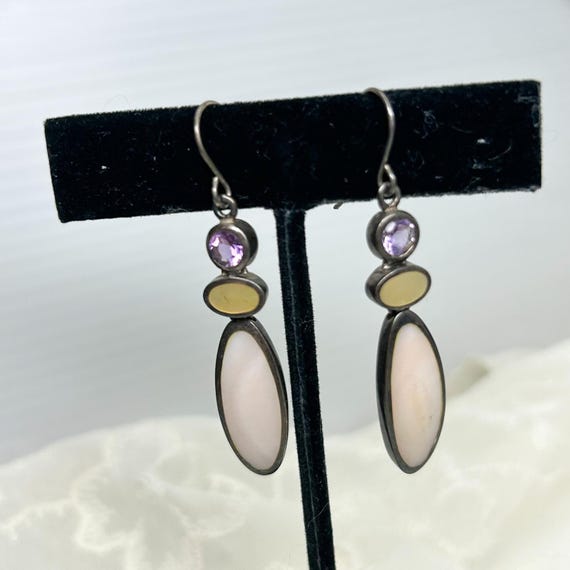Vintage Sterling Silver Drop Earrings Amethyst/Purple Stone Shell Stone