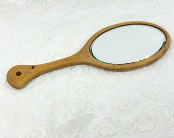 Vintage Handmade Wood Carved Hand Mirror Vanity Mirror - Boho Minimalist