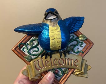 Vintage Chalkware Blue Bird Welcome Plaque 1992 Mold Wall Art