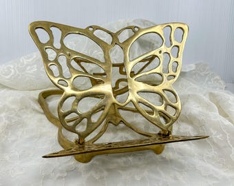 Soporte para libros de latón macizo vintage con forma de mariposa, soporte para recibos Fritz, estilo cottagecore ornamentado.