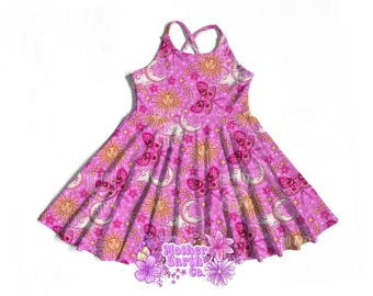 Celestial Moths Brielle Dress || Cross Back || Girls || Teen || Kids || Child || Baby || Toddler || Witchy || Sun & Moon || Pink || Stars