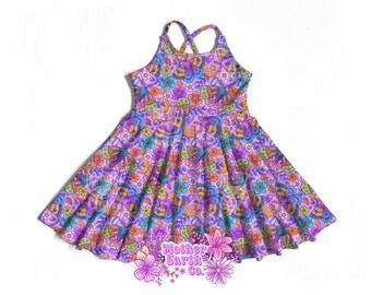 Colorful Moth Brielle Dress || Cross Back || Girls || Teen || Kids || Child || Baby || Toddler || Retro || Whimsical || Rainbow || Purple
