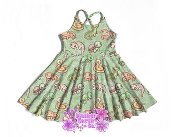 Reptile Brielle Dress || Cross Back || Girls || Teen || Kids || Child || Baby || Toddler || Lizard || Turtle || Snake || Green || Gecko