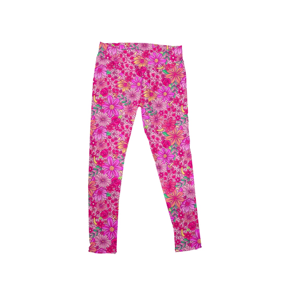 Pink Floral Leggings Womens Girls Flower Pink Mushroom Legging Pants ...