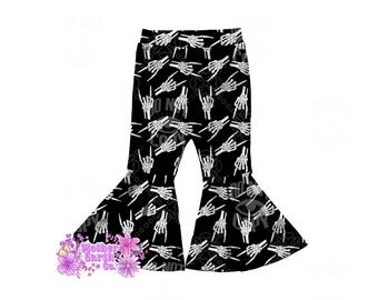 Rock N Roll Skeleton Bell Bottom Pants || Child || Toddler || Baby || Flared || Witchy || Goth || Hands || Black and White || Spooky