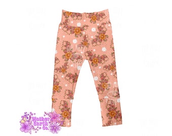 Floral Bat Grow With Me Pantalones // Brujo // Celestial // Leggings // Bebé // Niño pequeño // Niño // Bruja // Gótico // Floral // Naranja // Coral