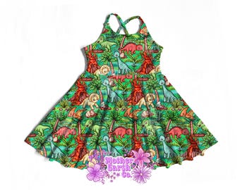 Dinosaur Brielle Dress || Cross Back || Girls || Teen || Kids || Child || Baby || Toddler || T-Rex || Triceratops || Dino’s || Green