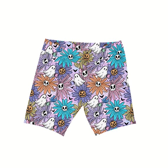 Colorful Floral Ghosts Women s Biker Shorts Halloween Pastel Flowers Fall Autumn Girls Yoga Workout Short Gym