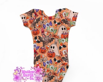 Halloween Bats & Ghost Leotard || Gymnastics || Leo || Girls || Sports || Bodysuit || One Piece || Bat || Trick-or-Treat || Orange