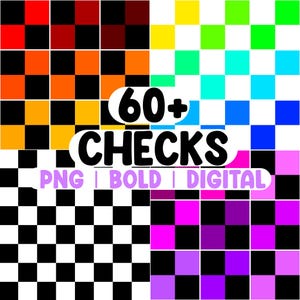 Könnte beinhalten: Eine digitale Grafik mit sechs verschiedenen Schachbrettmustern in verschiedenen Farben, darunter Rot, Orange, Gelb, Grün, Blau und Pink. Der Text "60+ CHECKS" ist fett und schwarz, darunter "PNG | BOLD | DIGITAL".