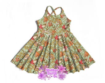 Mushroom Brielle Dress || Cross Back || Girls || Teen || Kids || Child || Baby || Toddler || Whimsical || Cottagecore || Plants || Greenery