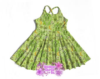 Luna Moth Brielle Dress || Cross Back || Girls || Teen || Kids || Child || Baby || Toddler || Moths || Whimsical || Bow || Green