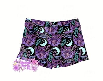 Mom & Baby Bat Women's Shorts || Yoga || Gym || Workout || Short Shorts || Girls || Bats || Mommy and Me || Purple || Bats || Spooky || Moon