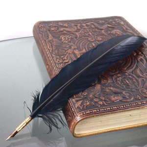 May include: A black feather quill pen resting on a closed, brown leather-bound journal with an embossed design. The journal has a gold-colored edge.
